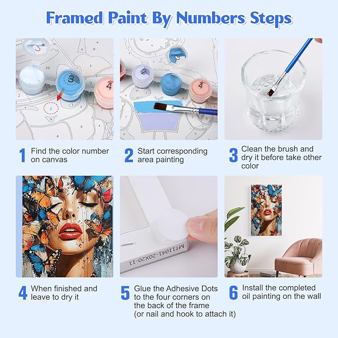 GHHKUD Butterfly Women Paint by Numbers Kits with Frame for Adults Beginners, DIY Paint by Numbers for Kids, Painting Art on Canvas Gifts Home Wall Decor 20x30cm