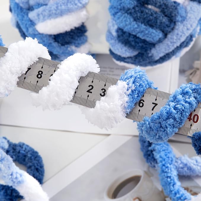 HOMBYS Chunky Tie Dye Mix Chenille Yarn for Hand Knitting, Super Bulky Jumbo Yarn for Crocheting, 3/4" Thick Soft Plush Yarn for Blankets, 8 Skein Pack (26 yds / 7.5 oz Each) Blue, White