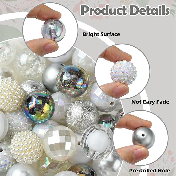 Ipotkitt 50 Pcs 20mm Acrylic Bubblegum Beads Round Spacer Loose Beads White Theme Disco Ball Chunky Rhinestone Beads for Pen Bag Chain Jewelry Making