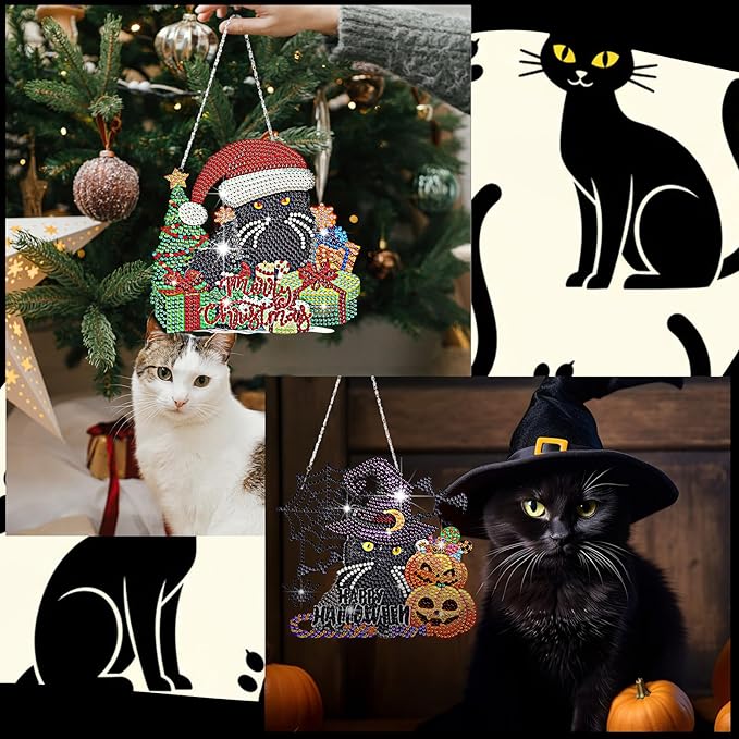 Cinnvoice 12 Pcs Seasonal Diamond Art Wreath Kits Holiday 5d DIY Diamond Art Hanging Signs Winter Spring Ornaments for Wall Door Decoration(Black Cat)