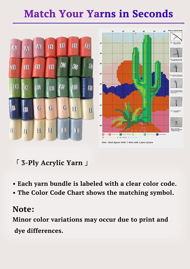 KitsMaster Desert Sunset Latch Hook Rug Kit for Adults –Southwest-Inspired Cactus Design, Pre-Printed Canvas & Pre-Cut Yarn, Gifts & Relaxation, 23.6''x15.8'' (Sunset Cactus)