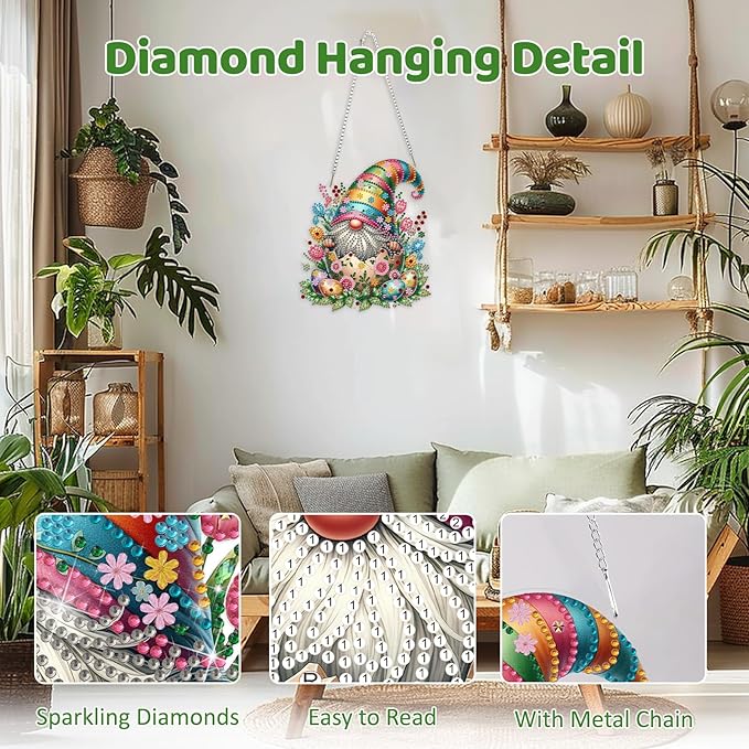 MEIYUDA Easter Gnomes Diamond Art Hanging Kits for Adult, Easter Eggs Diamond Painting Hanging Kits Ornaments, DIY Special Shaped Rhinestone Window Pendants kit for Home Garden Wall Decor Gift