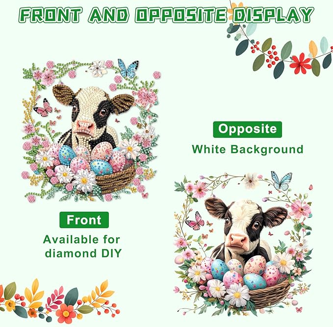 KEYIFA Cow Hanging Diamond Art Painting Kits for Adults and Kids Age 8-12, 5D Special Shape Diamond Dots Kit Easter Egg, Crystal Gem Painting Art Crafts for Window, Wall, Door, Garden Decor