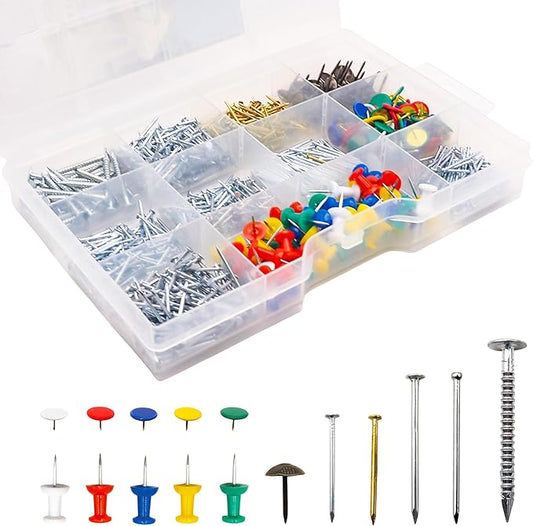 1000 Pcs Wall Nail Assortment Kit - Includes Push Pins for Bulletin Board, Classic Nails, Retro-Style Nails, and Thumb Tacks - Perfect for Wall Hanging, Art Display, and Home DIY Projects