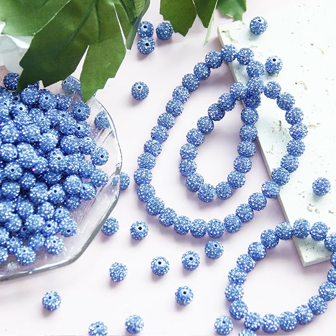200 Pcs 10mm Rhinestone Beads for Jewelry Making, Blue Shiny Round Shamballa Disco Baseball Necklace Beads Sparkle Crystal Clay Pave Rhinestones Bead for DIY Bracelet Earring Craft Making Supplies