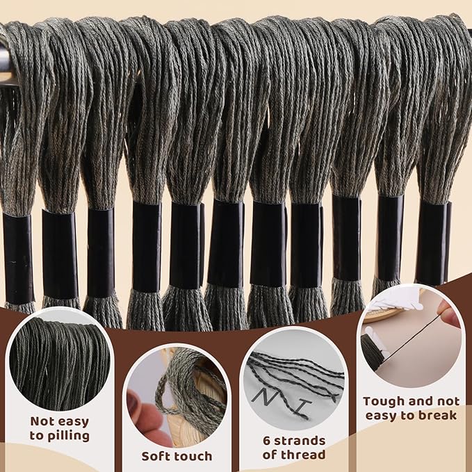 24 Skeins Embroidery Thread,Gray Embroidery Cross Floss, Embroidery Thread Floss Set with Plastic Floss Bobbins,Needle Threader, Hand Sewing Needle