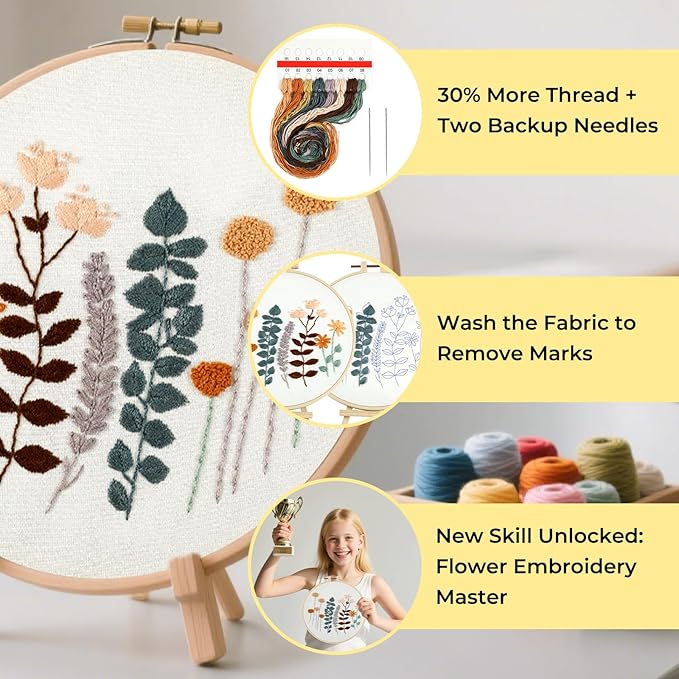 htvront embroidery kit for beginners- 3 pcs needlepoint kits for adults with step by step video, flower beginner embroidery kit for adults, pre-printed patterns for gift for women