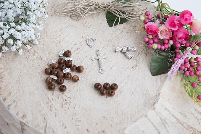Linpeng Wood Bead Box Rosary DIY Kit, Catholic First Communion Necklace Making Supplies, Gift for Adults Seniors, 1 kit