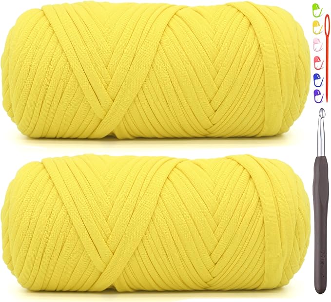 2 Pack Tshirt Yarn for Crocheting,T Shirt Chunky Elastic Fabric Thick T-Shirt Crochet Yarn for Beginners Crocheting Hand Knitting Bag/Basket/Coasters/DIY Crafts/Home Decor 2 * 200G(Chicken Yellow