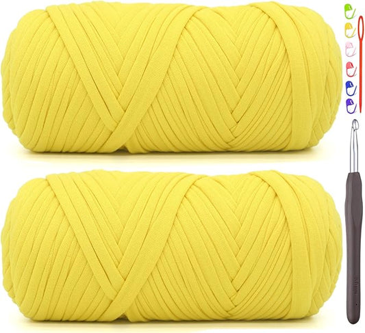 2 Pack Tshirt Yarn for Crocheting,T Shirt Chunky Elastic Fabric Thick T-Shirt Crochet Yarn for Beginners Crocheting Hand Knitting Bag/Basket/Coasters/DIY Crafts/Home Decor 2 * 200G(Chicken Yellow