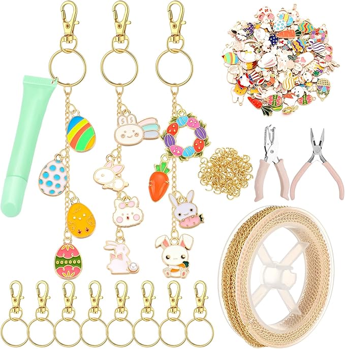 VioraWhite 213 Pcs Easter Theme Lip Gloss Keychain Making Kit 100 Pink Enamel Charms 32.81 ft Gold Chains for DIY Crafts Women