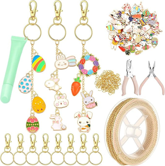 VioraWhite 213 Pcs Easter Theme Lip Gloss Keychain Making Kit 100 Pink Enamel Charms 32.81 ft Gold Chains for DIY Crafts Women