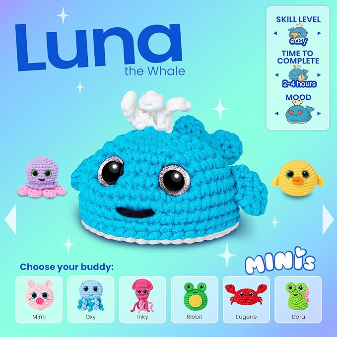 Cookie Box MINIs Crochet Kit for Beginners – Gift Set to Make Whale Luna Amigurumi Plushie – Easy DIY Crochet & Knitting Starter Kit with Printed Instructions & Step-by-Step Video Tutorial