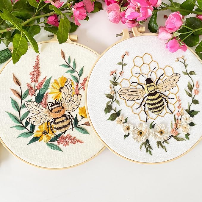 Myfelicity Embroidery kit for Adults, 3-Piece Bee and Butterfly Floral Designs, Including Tools Handmade Embroidery Hoop Art Set (Yellow)