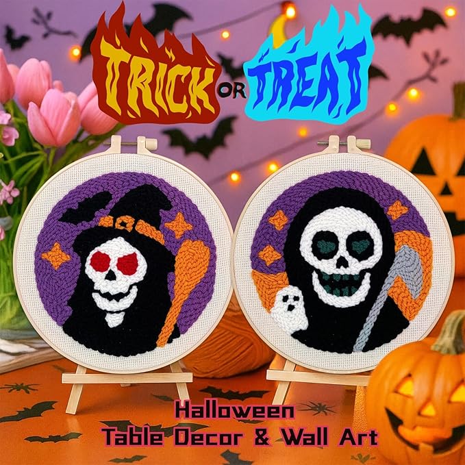 Halloween Punch Needle Kit for Adults Beginners, Easy Punch Embroidery Starter Set with Instruction, Fun DIY Needle Point Craft for Home Decor & Holiday Gift Idea(2pcs Skull Witch & Grim Reaper)
