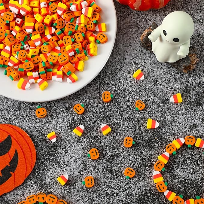 Augshy 300Pcs Halloween Polymer Clay Beads, Pumpkin Candy Corn Clay Beads Spacer Loose Beads for Bracelets Necklaces Earrings Craft Supplies for Jewelry Making