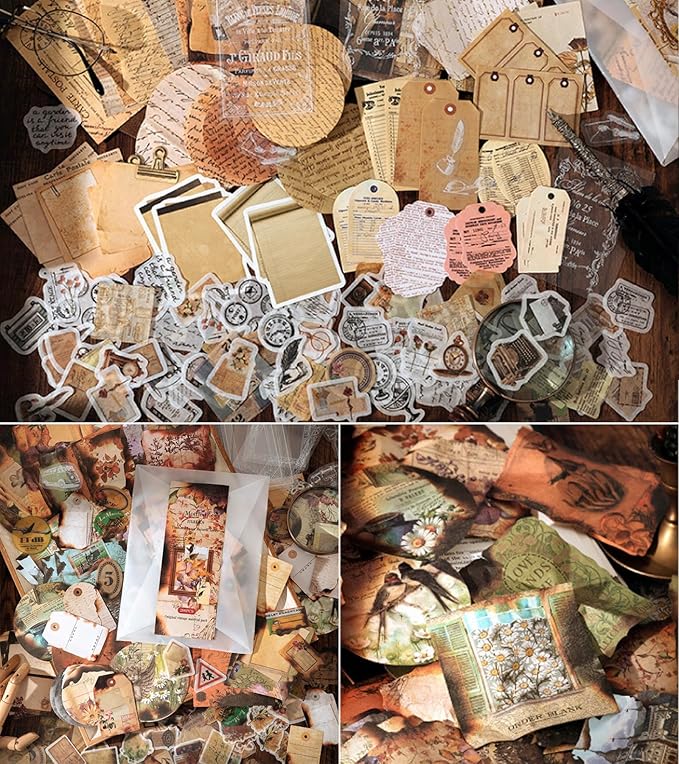 japleed 400PCS Vintage Journaling Scrapbooking Supplies Kit, Retro Aesthetic Decorative Ephemera Scrapbook Paper Stickers Material for Junk Journal Planner Diary Collage Art Craft Decoupage Album
