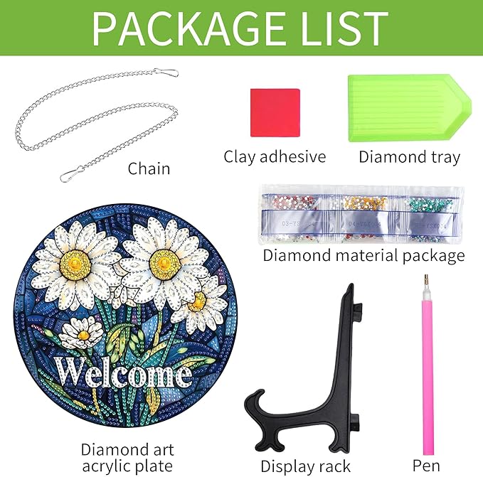 Wergund 5D DIY Welcome Diamond Art Hanging Kits, Hanging Diamond Art Daisy, Acrylic Special Shaped Rhinestone, Window Hanging Pendants for Home Wall Garden Front Door Outdoor Decor Gift(Welcome)