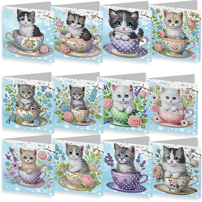 YOKUSHI 12 PCS Cat Diamond Art Painting Greeting Cards, Spring Flowers Craft DIY Card Making Kits for Adults Gifts (Cat)