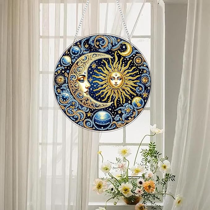 RYMILIE Sun and Moon Diamond Art Hanging Kit for Adult,Special Shaped Rhinestone,Double Sided 5D DIY Acrylic Diamond Art Painting Window Pendants Home Garden Wall Hanging Kits Hanging Ornament