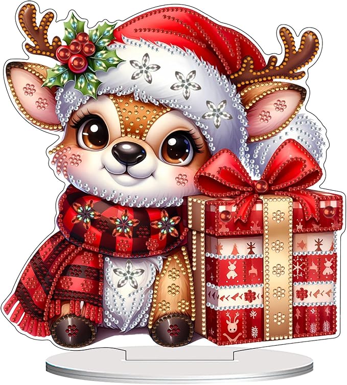 VODAPYC Christmas Reindeer Diamond Art Tabletop Painting Kit, DIY Stand Up Double Sided Special Shaped Diamond Painting Desktop Ornament(Christmas Reindeer)