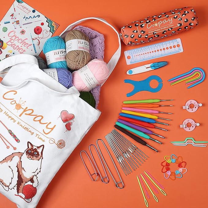 coopay crochet kit beginners crochet starter kit with 15 colors yarn, 71pcs crochet beginners set crochet kit for adults, cat canvas tote bag full crochet accessories & instructions