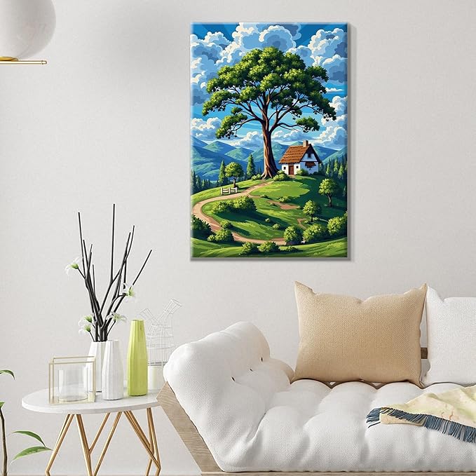 ATDMS Paint by Numbers Kit for Adults with Frame Landscape Paint by Number with Easel Tree Adult Paint by Number Kits Framed Canvas DIY Mountain Acrylic Oil Painting kits for Home Wall Decor 8x12 Inch