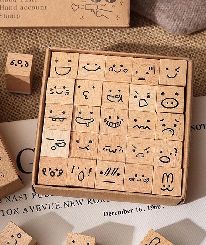 25pcs Mood Expression Wooden Rubber Stamps Kit, Cute Small Emoticon Theme Stamps for Decorative Diary Planner DIY Craft Scrapbook Card Making Letters Journal