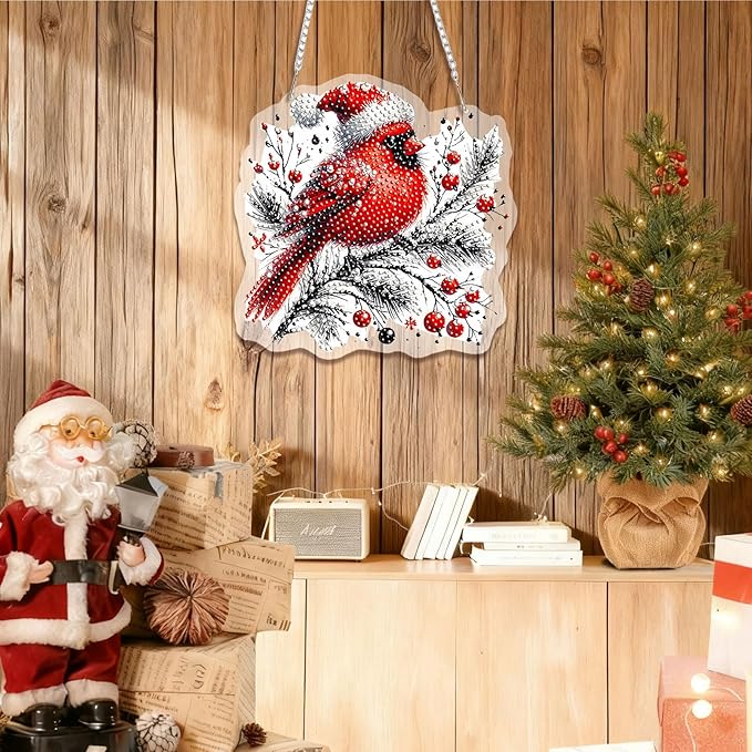 EMIEAUFG Christmas Diamond Art Hanging Kit for Adult, Winter Cardinal Diamond Art Pendants, Double Sided Acrylic & 5D Special Shaped Rhinestone, Christmas DIY Ornament for Windows Home Garden