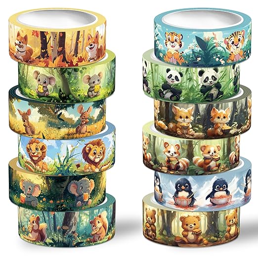 Cute Washi Tape Set,12 Rolls Kawaii Animals Decorative Tape Masking Washi Tape for Journaling Supplies, Scrapbooking, DIY Arts & Crafts, Gift Wrapping