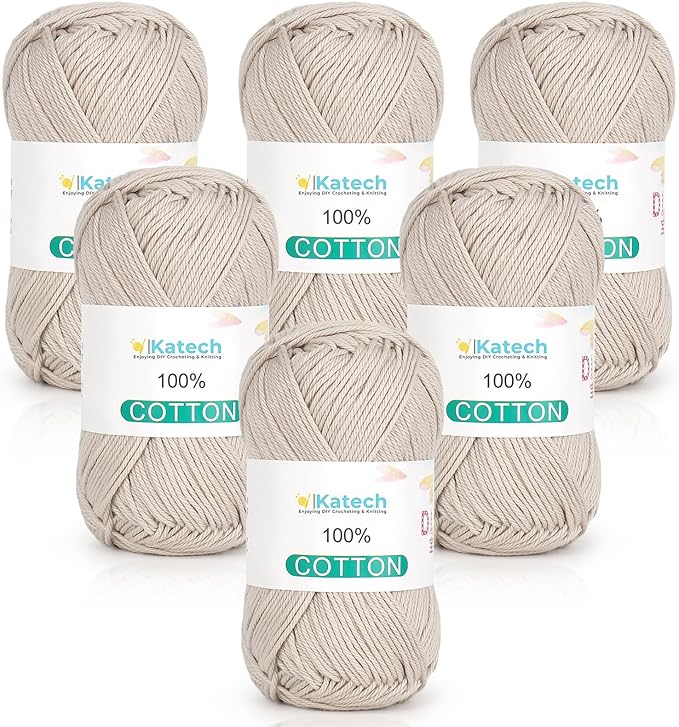 Katech Pure Cotton Yarn for Crocheting & Knitting – Soft Sport Weight CYC #2, 6 Skeins (50g Each, 300g Total), Ideal Crochet Yarn for Dishcloths, Baby Clothes, Socks, Lightweight Scarves（Beige）