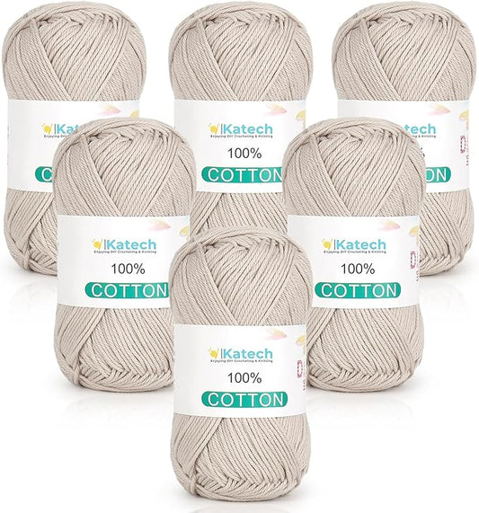 Katech Pure Cotton Yarn for Crocheting & Knitting – Soft Sport Weight CYC #2, 6 Skeins (50g Each, 300g Total), Ideal Crochet Yarn for Dishcloths, Baby Clothes, Socks, Lightweight Scarves（Beige）