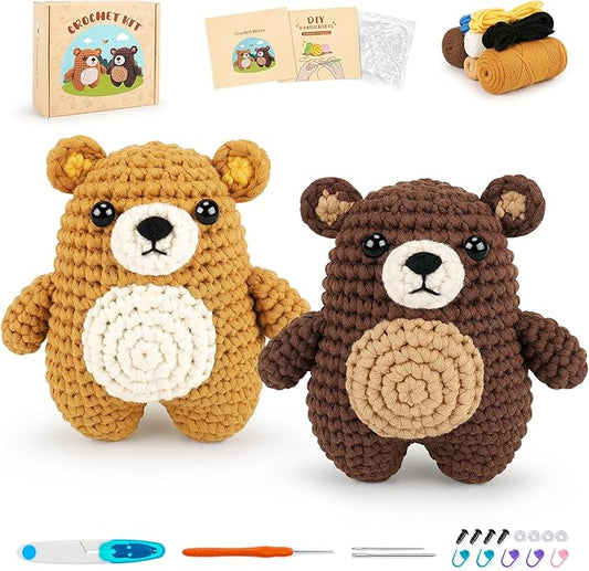 crochet kit for beginners - bear crochet kits, beginner crochet kit for adults, crochet animal kit for starters with step-by-step video tutorials, knitting bears with squishy hip design