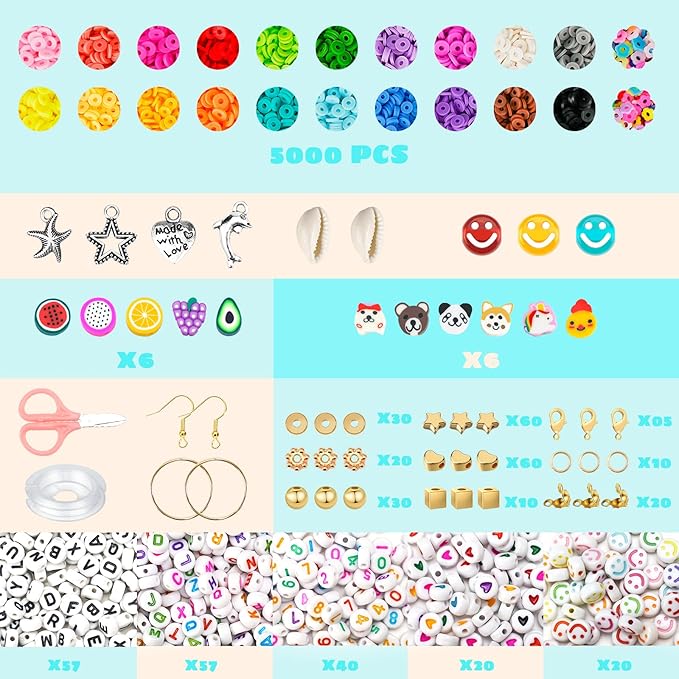 Sunlode Bracelet Making Kit 5000pcs, Jewelry Making Kit for Beginner, DIY Arts and Crafts Gift Toys for Kids Ages 6-13 Preppy Clay Beads with Charms Friendship Bracelets