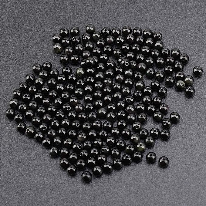 LPBeads 200Pcs Polished 6mm Round Natural Black Obsidian Gemstone Loose Beads with Stretch Cord for Jewelry Making Bracelets