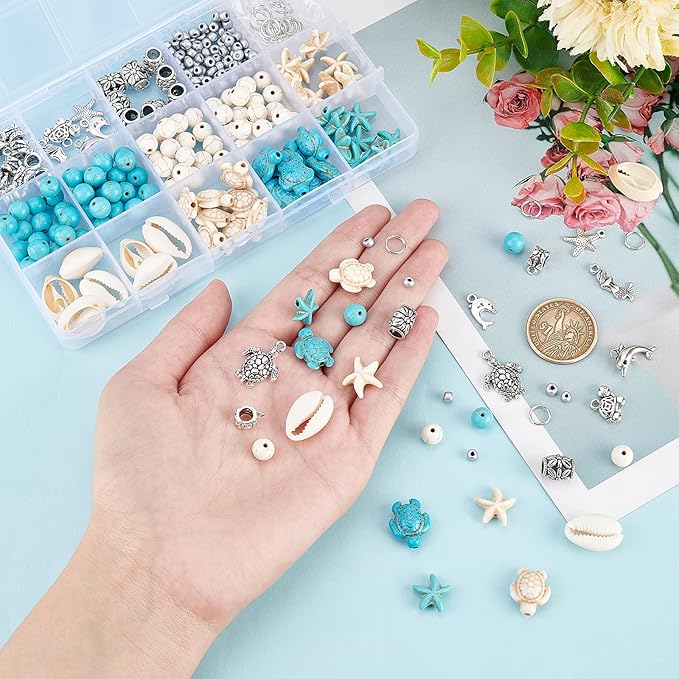 PH PandaHall 292pcs Turquoise Jewelry Making, Boho Ocean Beach Shell Bead Charms Starfish Mermaid Turtle Beads Summer Sea Dangle Pendant for Gift Bracelet Necklace Earring Anklet Craft Jewelry Making