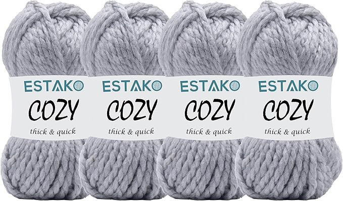 Estako Cozy Thick & Quick Yarn 20% Wool 80% Acrylic Soft Super Bulky Weight #6 Knitting and Crocheting Yarn (4 x 3.52 Oz) / (4 x 65 Yrds) (59055-Grey)
