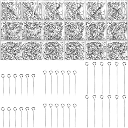Junkin 1400 Pcs Eye Pins Mix Jewelry Findings 0.63 * 0.79 * 1.18 in Open Eye Head Pins Findings for Jewelry Making DIY Necklace Bracelets (Silver)