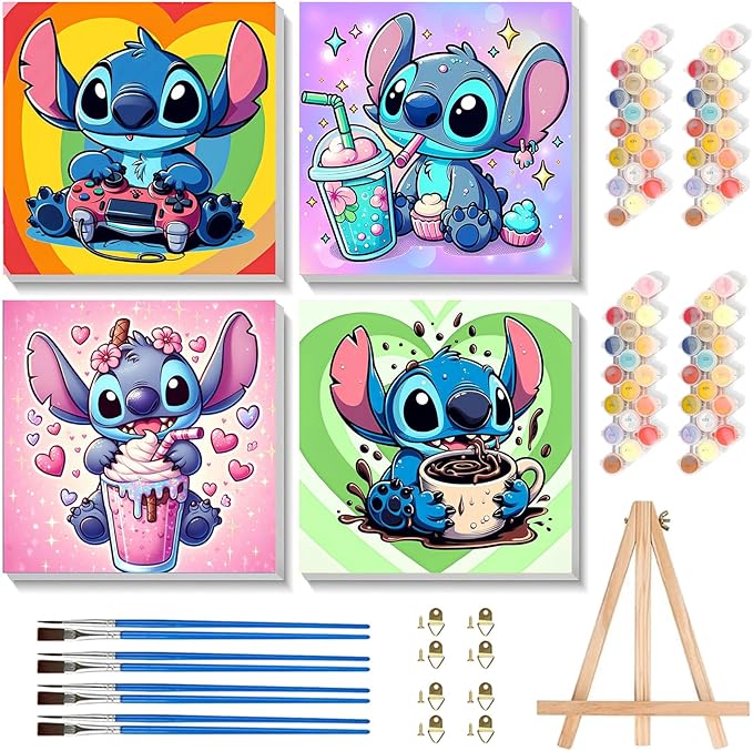 KOJEFCV 4 Pack Cartoon Paint by Numbers for Kids with Framed Canvas-with Wooden Easel, Paint by Number for Kids Ages 4-8-12, DIY Easy Acrylic Oil Painting Kits for Home Wall Decor (8X8inch)
