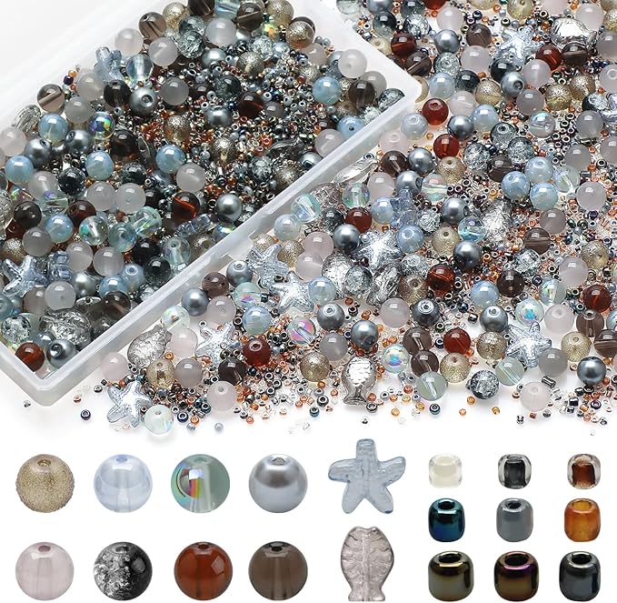 Decorative Glass Beads for Jewelry Making, 760pcs Grey Assorted Beads Bracelet Making Kit with Seed/8mm Crystal Beads for DIY Craft