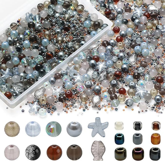 Decorative Glass Beads for Jewelry Making, 760pcs Grey Assorted Beads Bracelet Making Kit with Seed/8mm Crystal Beads for DIY Craft