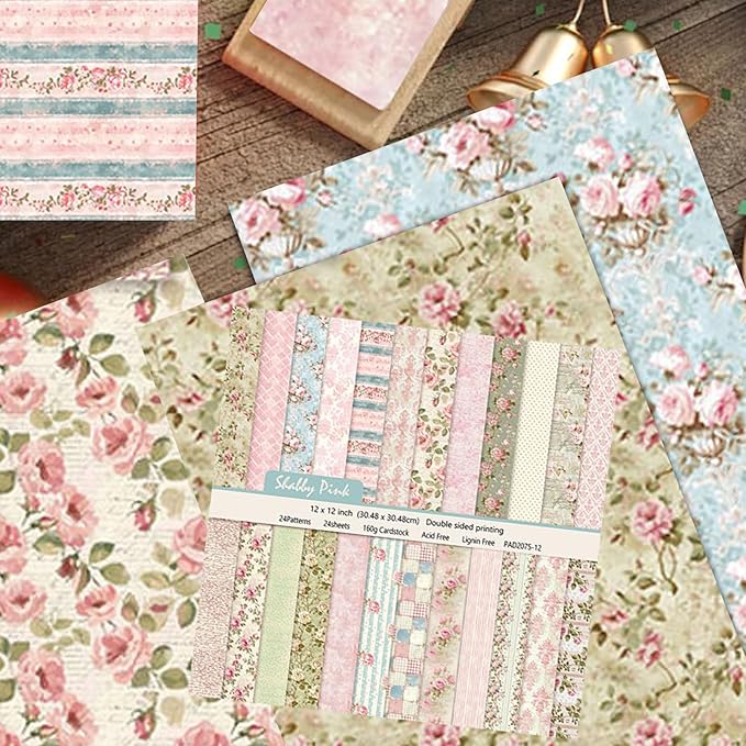 Scrapbook Paper 12x12, 24 Pages/24 Designs Double-sided Floral Craft Sheets, Scrapbook Cardstock Decorative Patterned Paper for Card Making Journaling Origami Decopage Scrapbooking Supplies