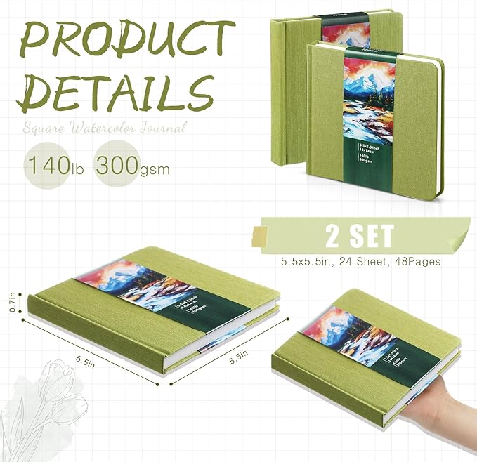 Dispowreath 5.5 x 5.5 in Watercolor Sketchbook Journal Square Watercolor Notebook Cold Press 140lb 300gsm Cotton Paper 48 Pages Journals Notebook Paper Pads(Green)