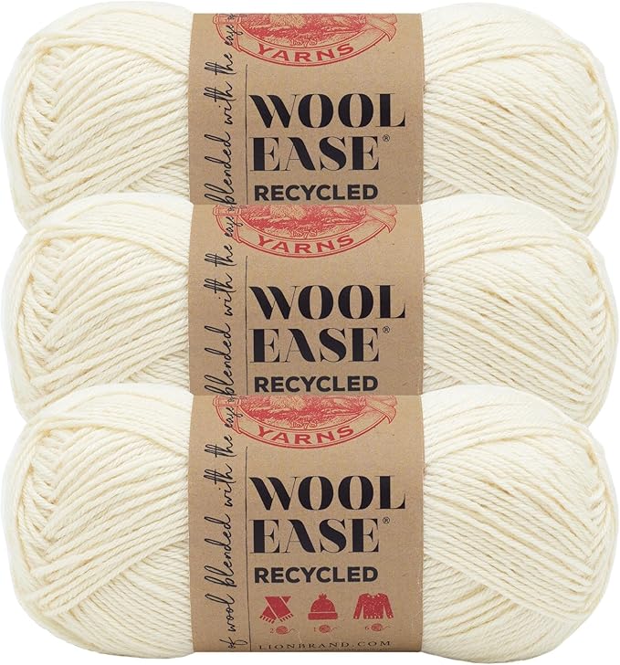 Lion Brand Yarn Wool-Ease Recycled Light Worsted-Weight Yarn for Knitting and Crochet, Cream, 3 Pack, Wool and Acrylic Blend Fiber Perfect for Scarves, Hats and Blankets, 196 Yards