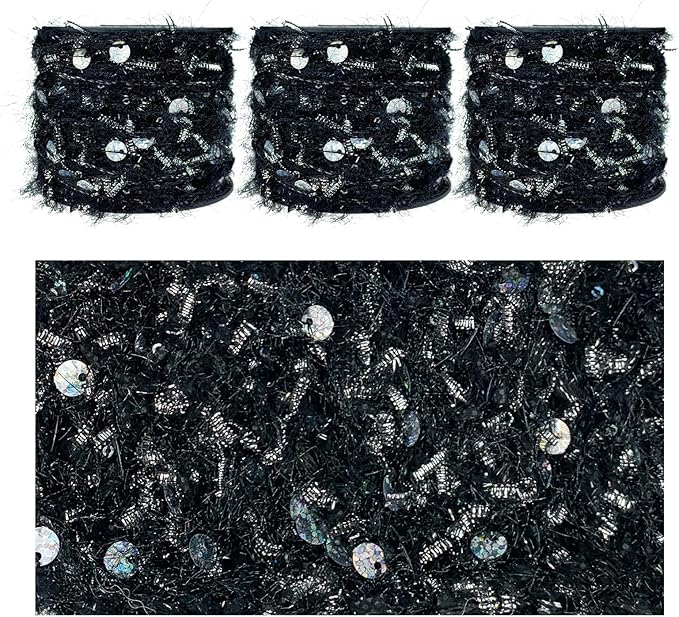 Artisanal Yarn Collection Multifiber Fancy Yarn with Metallic Silver Bow and Laser Sequins for Knitting Crocheting Crafts DIY, Set of 3 Rolls (Black & Silver)