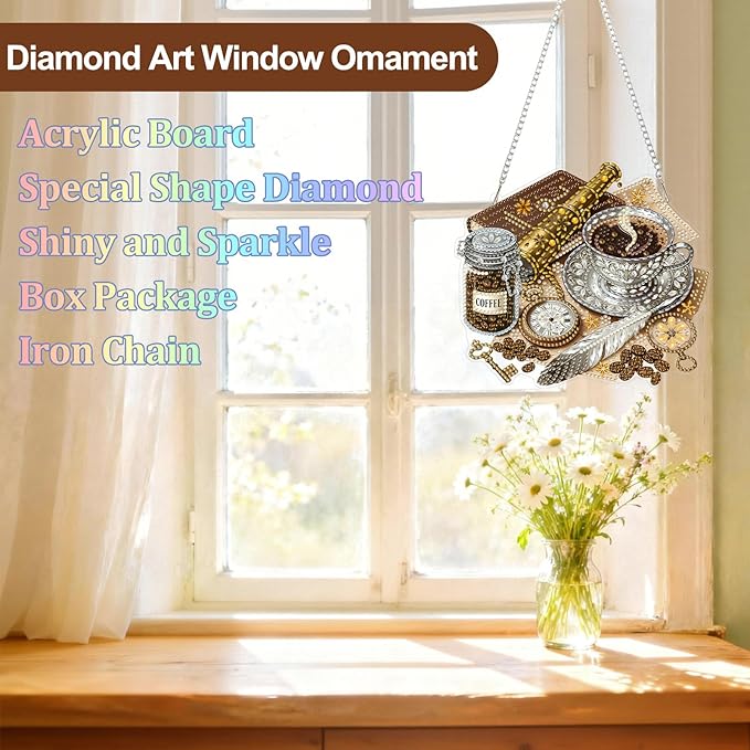 CEOVR Coffee Hanging Diamond Art for Adults, Coffee Diamond Painting Pendant DIY Gem Art Wall Hanging Ornament, Acrylic Home Garden Decor with Chain, Box Kit 7.81×6.92inch