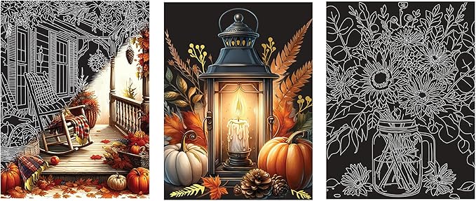 Brea Reese: Scratch Art Paper Pad - Fall Florals - 14 Sheets, 7 Guided Art Designs, Metallic Accents, Stylus & Brush, 6x8 Pages, DIY Adult Craft Kit