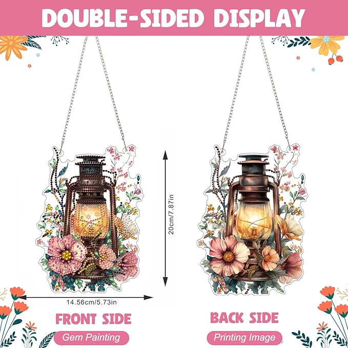 NAIMOER Diamond Art Hanging Kits for Adults, Flower Lantern Diamond Art Suncatchers, 5D Special Shape Fall Diamond Painting Pendant Window Ornament Gifts for Home Garden Door Wall Decor