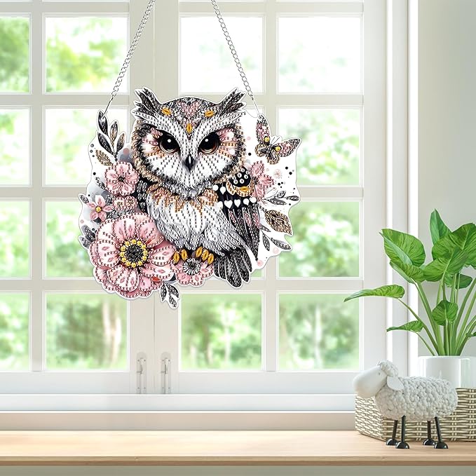 Bowetile Owl Diamond Art Hanging Kits for Adults, 5D Special Shape Diamond Painting Animals Kits, Animal Gem Art Suncatchers Painting Pendant Ornament for Home Garden Wall Decor