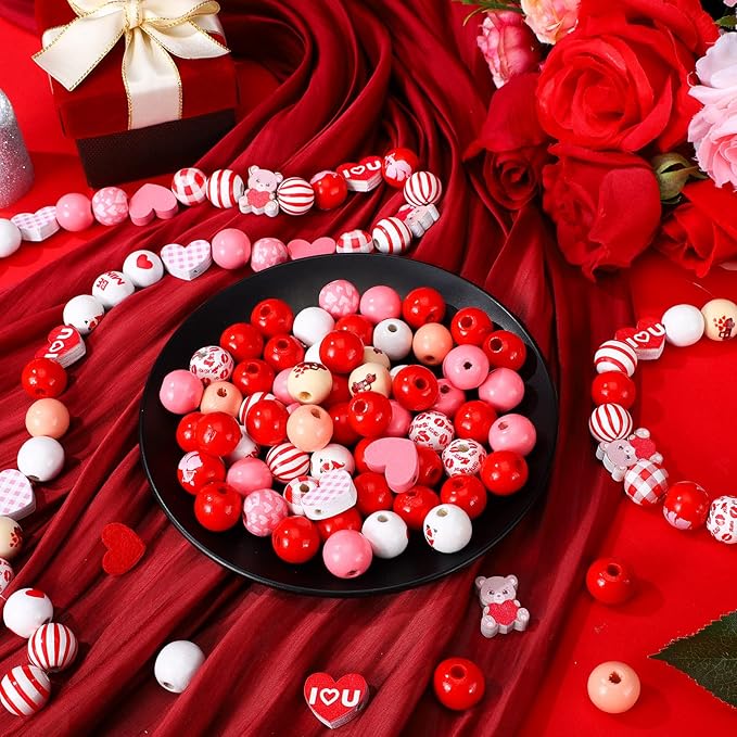 200 Pcs Valentines Day Wood Beads Pink White Hearts Beads Colorful Plaid Wooden Round Craft Wooden Natural Rustic Craft Kits for DIY Crafts Garland Party Supplies Decor